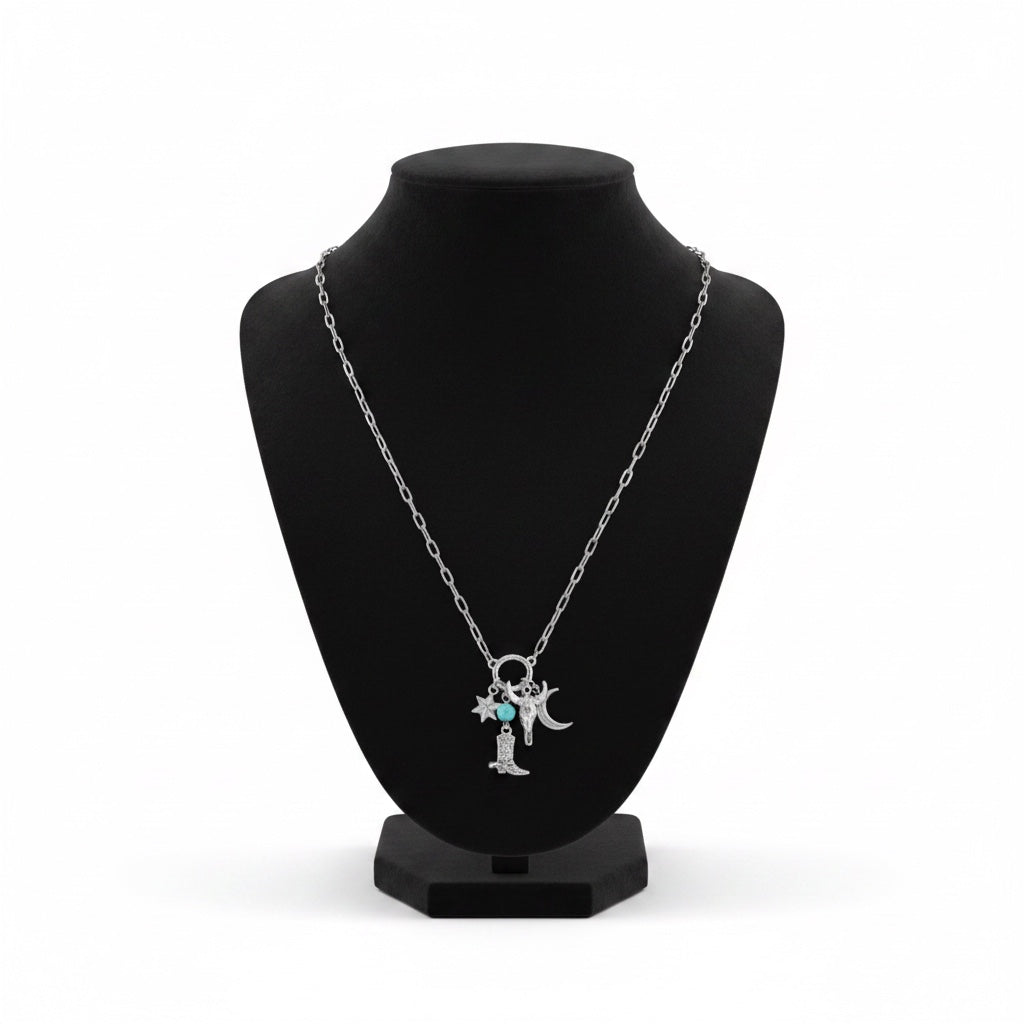 Western Bull Skull & Boot Charm Paperclip Chain Necklace: SXTUQ