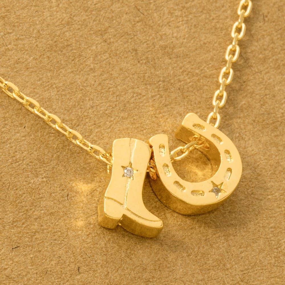 Gold Dipped Cowboy Boots Horse Shoe Charm Necklace: G