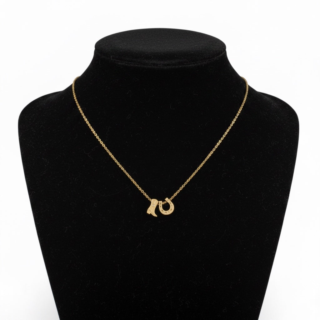 Gold Dipped Cowboy Boots Horse Shoe Charm Necklace: G