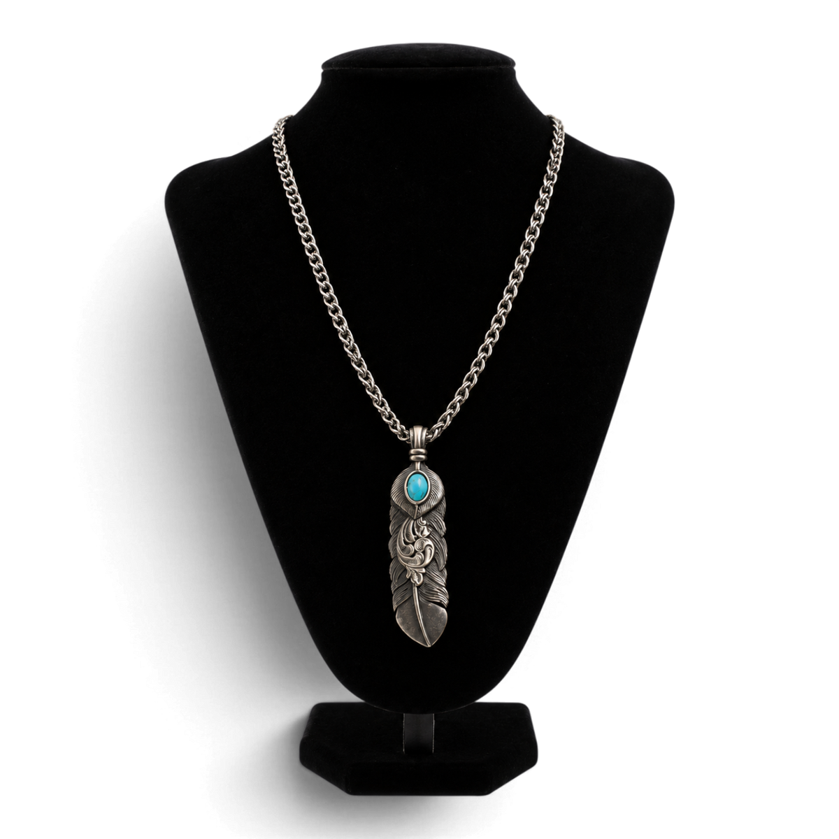 SILVER STRIKE MENS NECKLACE 24" TURQUOISE FEATHER ANTIQUE SILVER