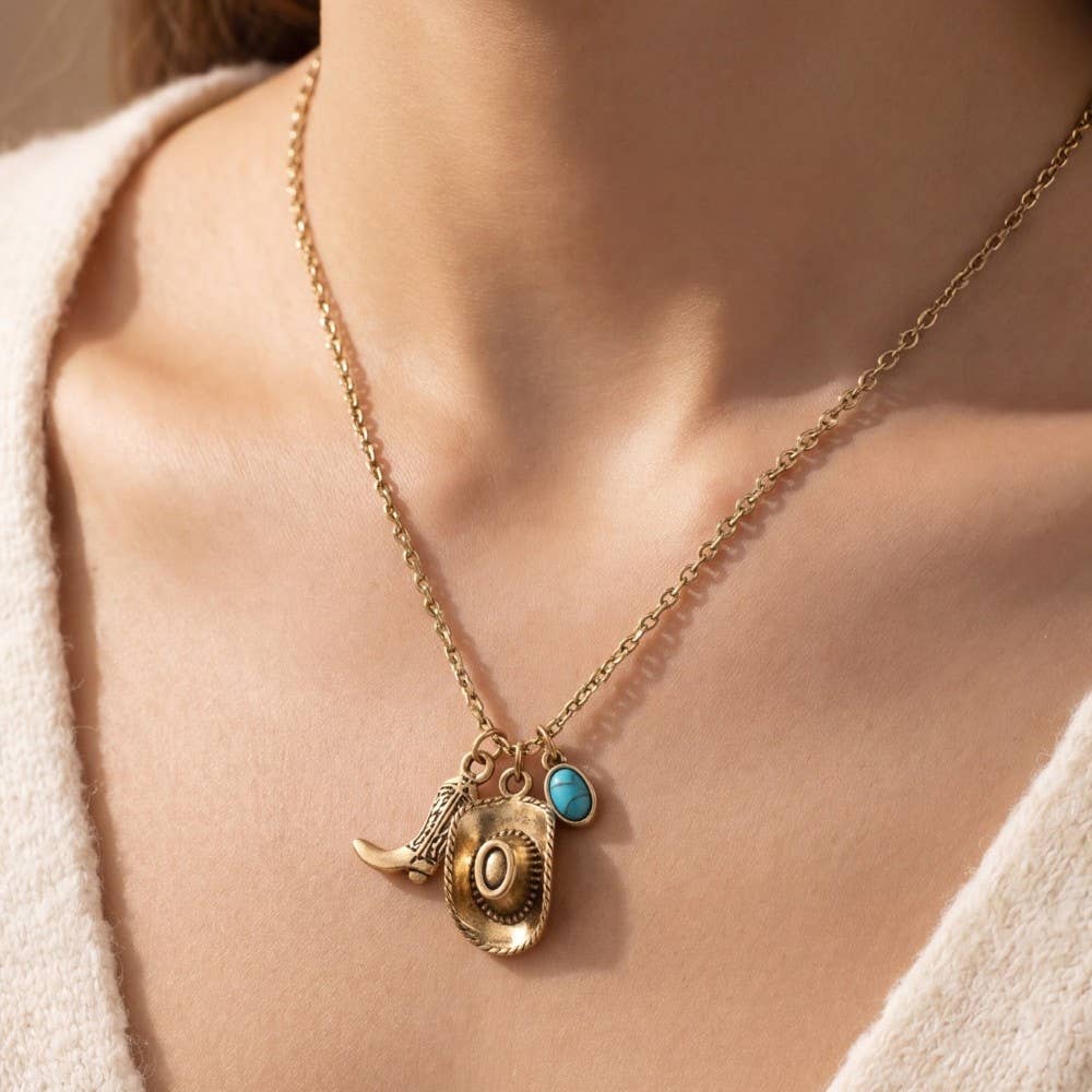 Western Cowboy Hat & Boot Charm Necklace: RGTUQ
