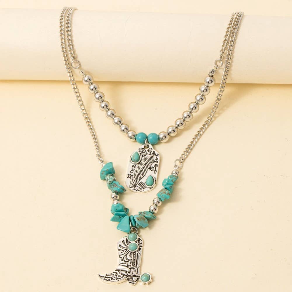 Engraved Cowboy Boot And Tag Turquoise Beads Layered Chain: S