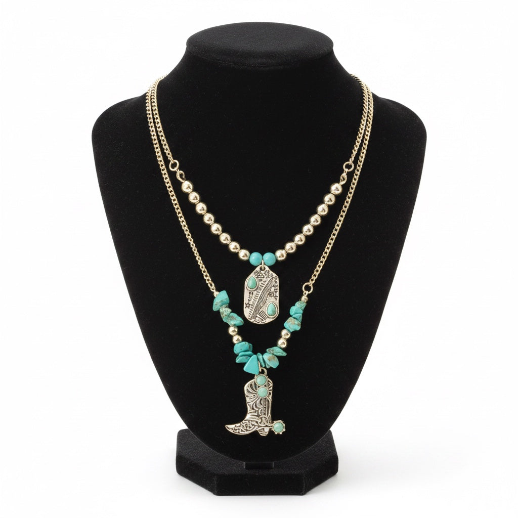 Engraved Cowboy Boot And Tag Turquoise Beads Layered Chain: S