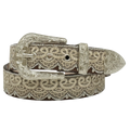 Brown leather belt with tan lace overlay, silver studs, clear crystals, and a removable silver tone buckle set.