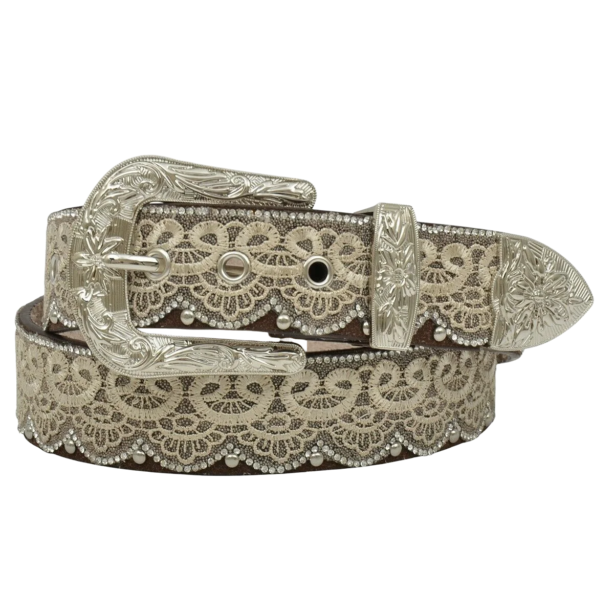 Brown leather belt with tan lace overlay, silver studs, clear crystals, and a removable silver tone buckle set.