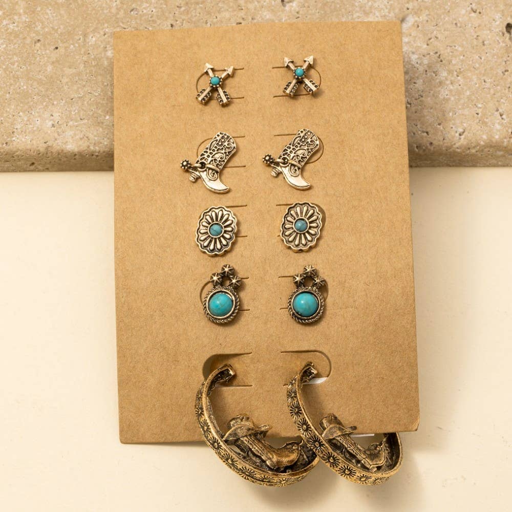Assorted 5 Pair Western Earrings Set: G