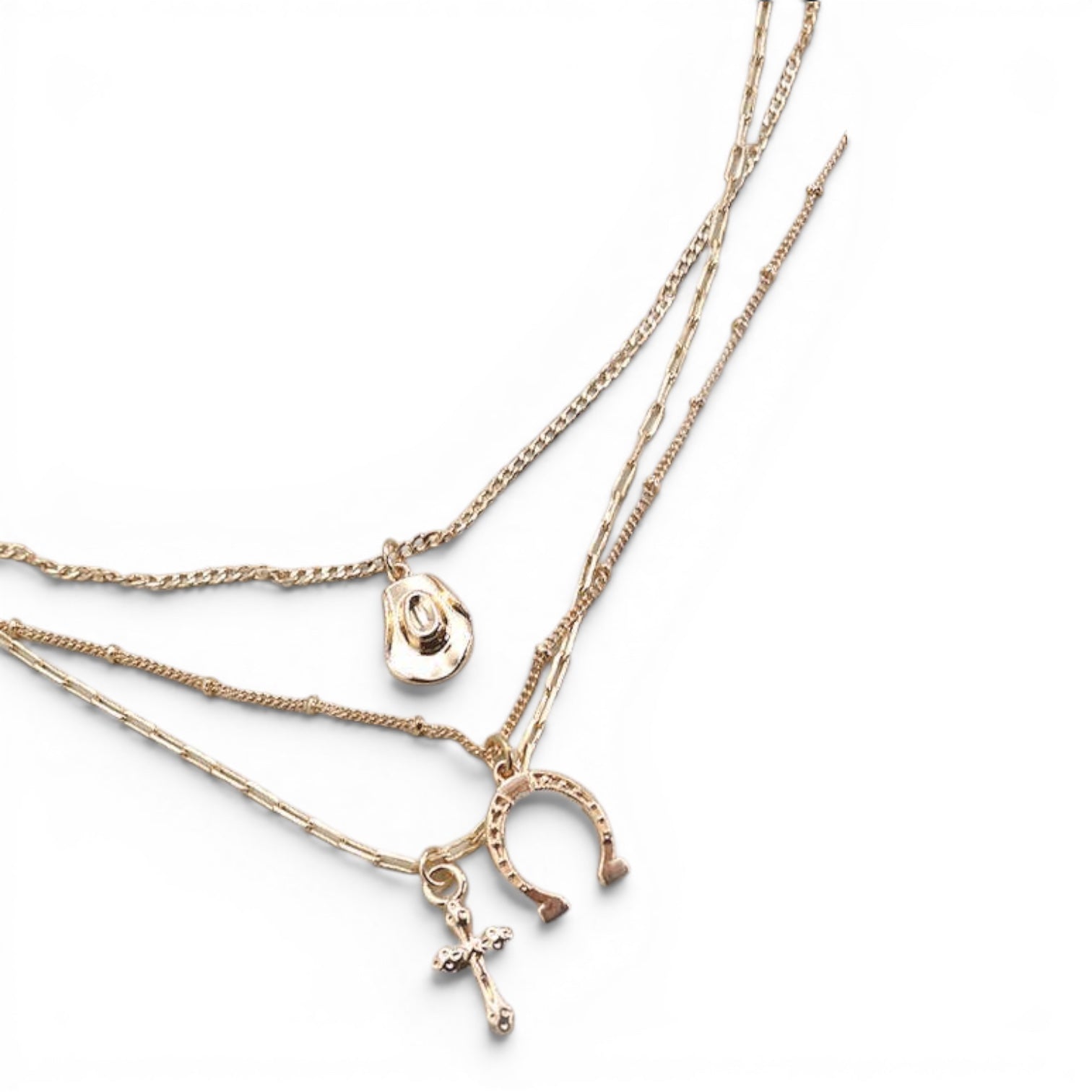 TRIO LAYER HORSESHOE HAT CROSS CAHRM NECKLACE | 80N436: Gold
