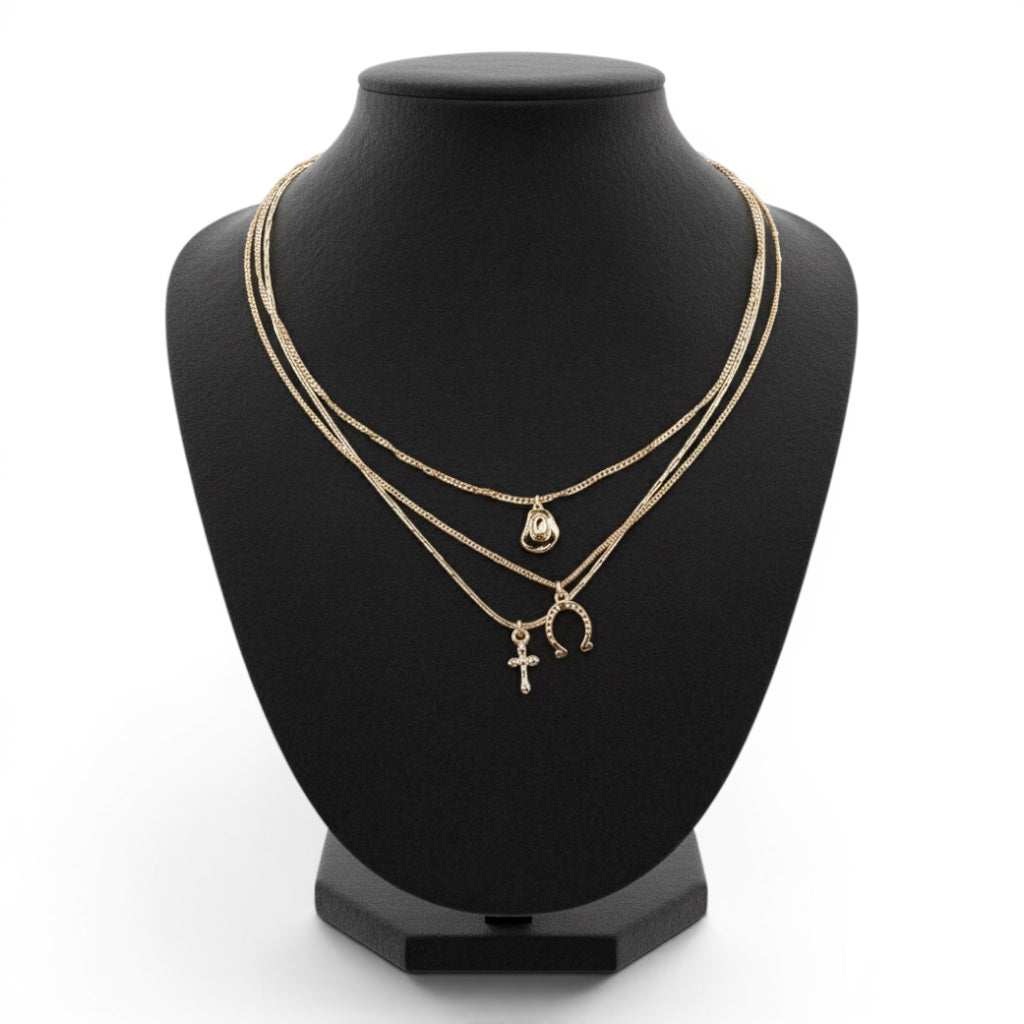 TRIO LAYER HORSESHOE HAT CROSS CAHRM NECKLACE | 80N436: Gold
