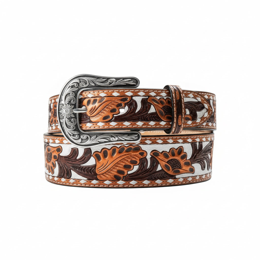 Nocona ladies' brown leather belt with hand-painted copper flowers, white buck lacing, and engraved silver buckle.