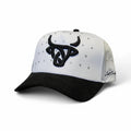 White and black cap with a logo on a white background