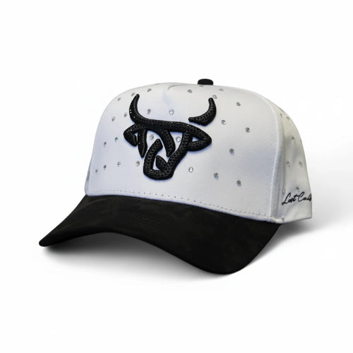 White and black cap with a logo on a white background