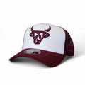 White and maroon trucker cap with logo on a white background