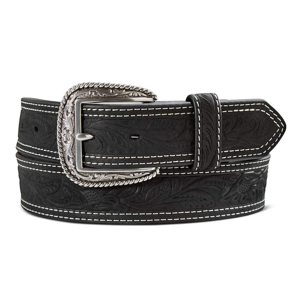 Ariat men's black genuine leather belt with floral embossing, double white stitching, and an antique silver engraved buckle.