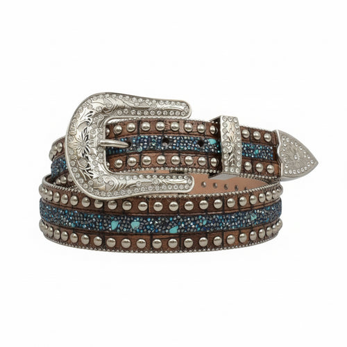 Brown gator print leather belt with silver studs, blue crystals, turquoise stones, and a crystal buckle.