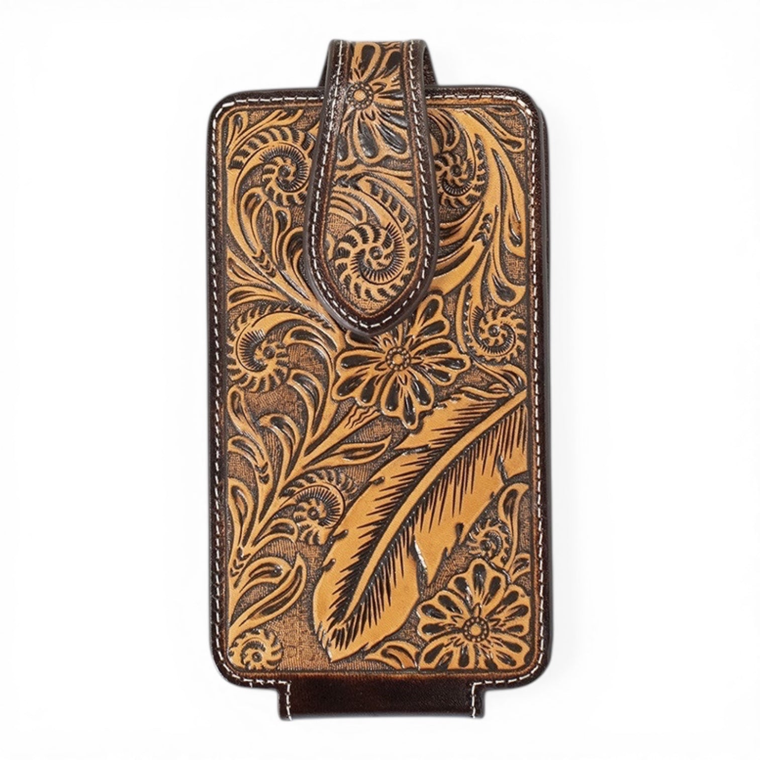 ARIAT CELL PHONE CASE FLORAL FEATHER EMBOSSED BROWN