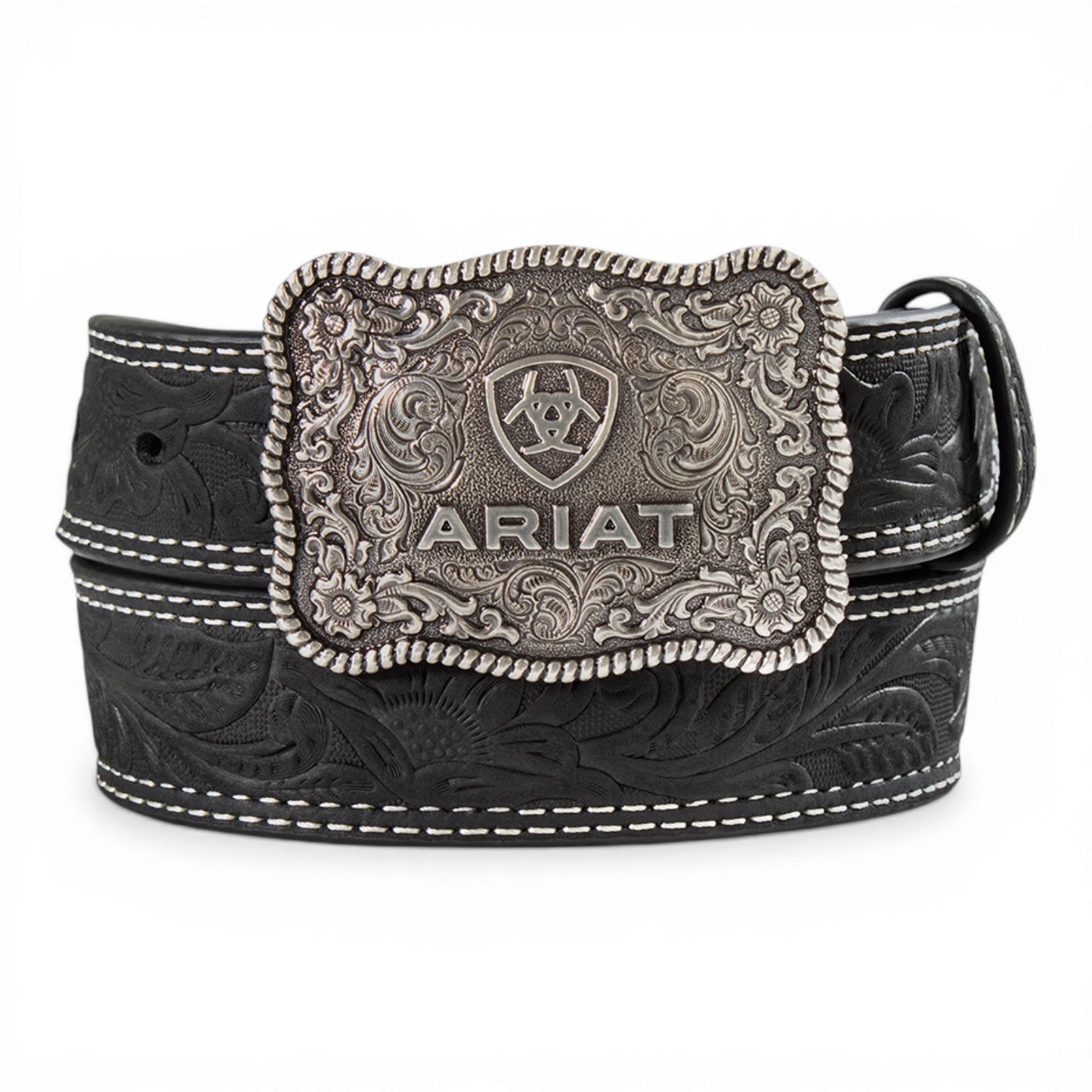 ARIAT BOYS BELT 1 1/4 TOOLED DOUBLE STITCH BLACK