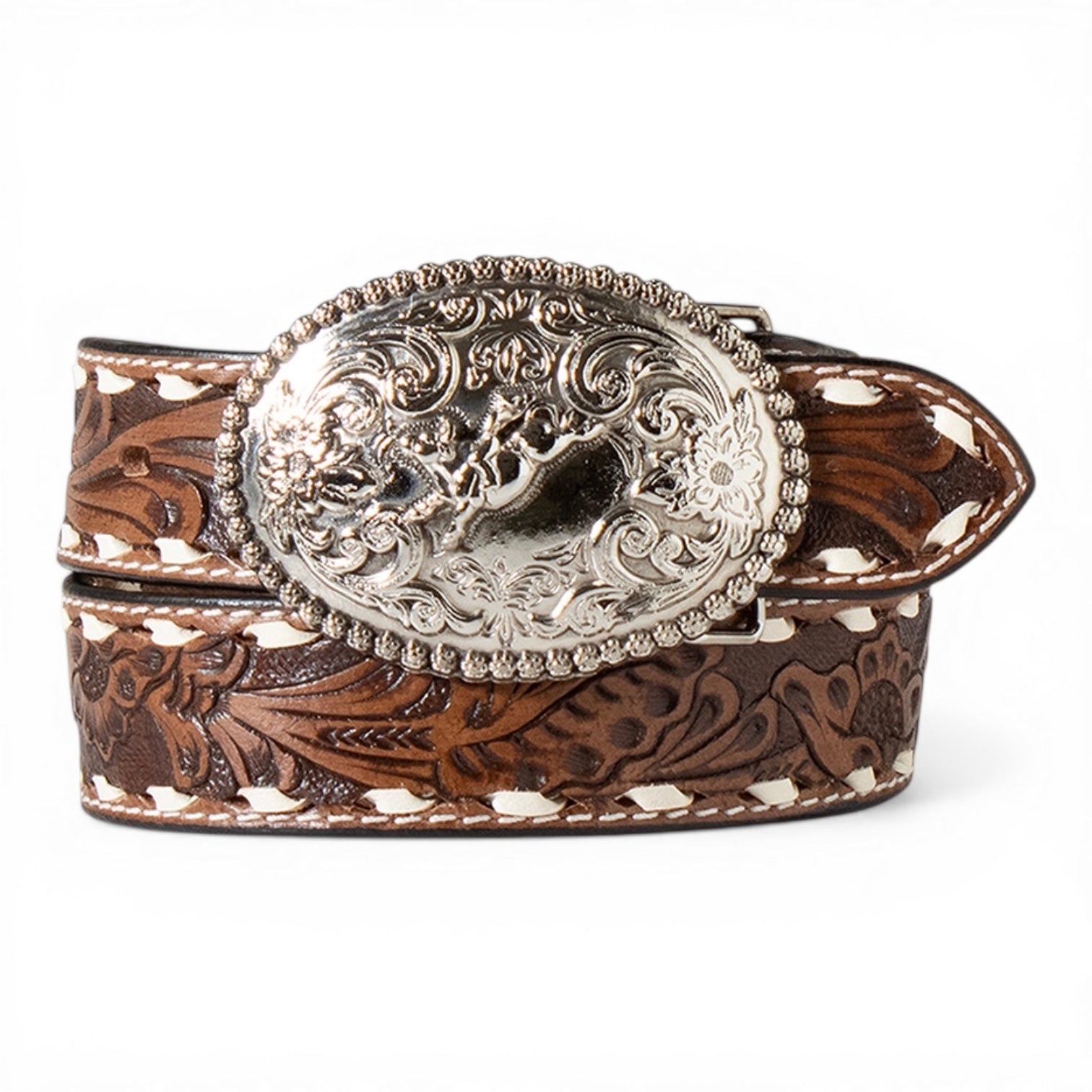 ARIAT BOYS BELT 1 1/4 HAND TOOLED FLORAL BUCK LACE BROWN