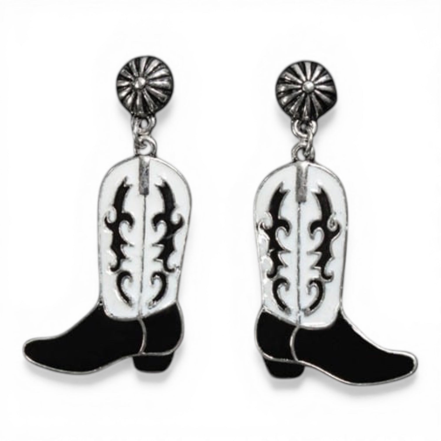 SILVER STRIKE LADIES EARRINGS COWBOY BOOTS BLACK WHITE