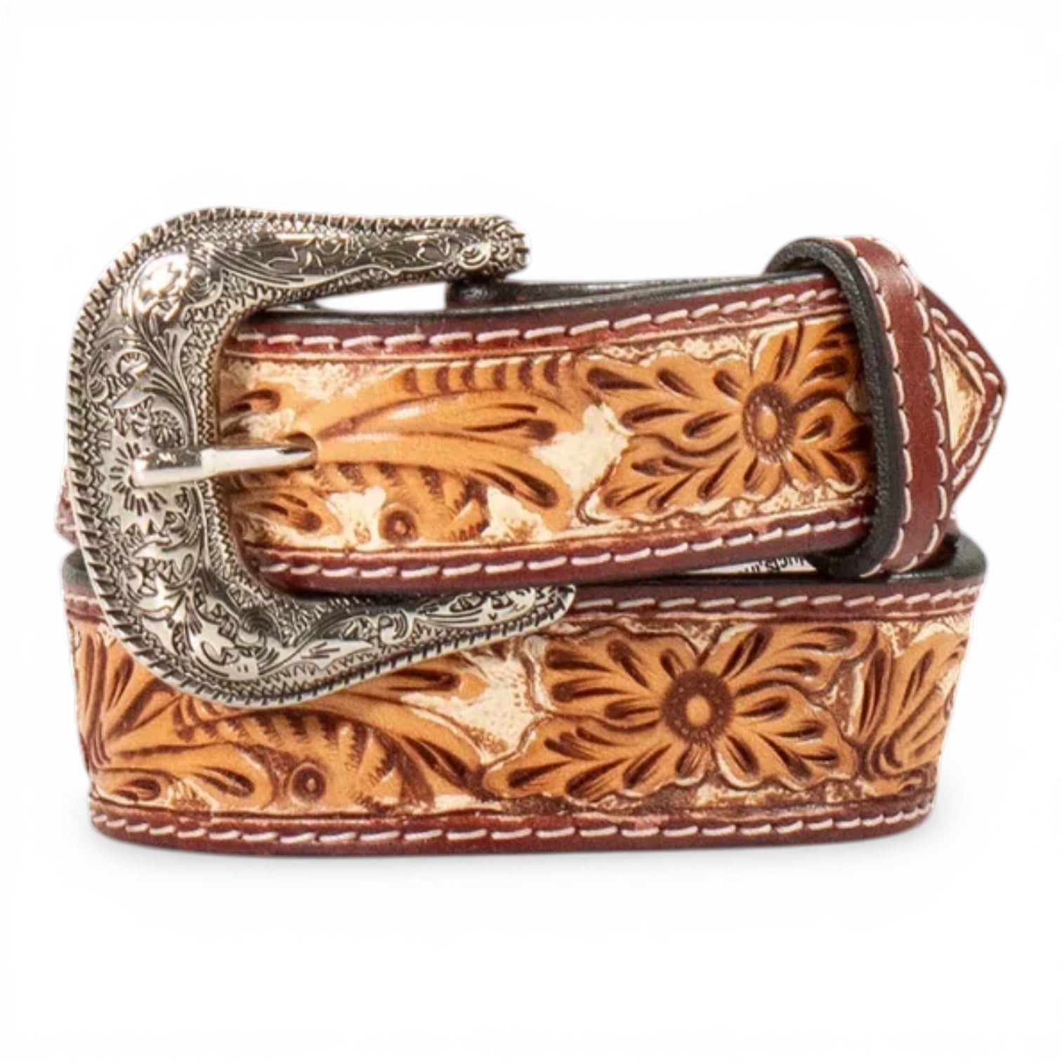 ARIAT BOYS BELT 1 1/4" FLORAL HAND TOOLED PAINTED TAN