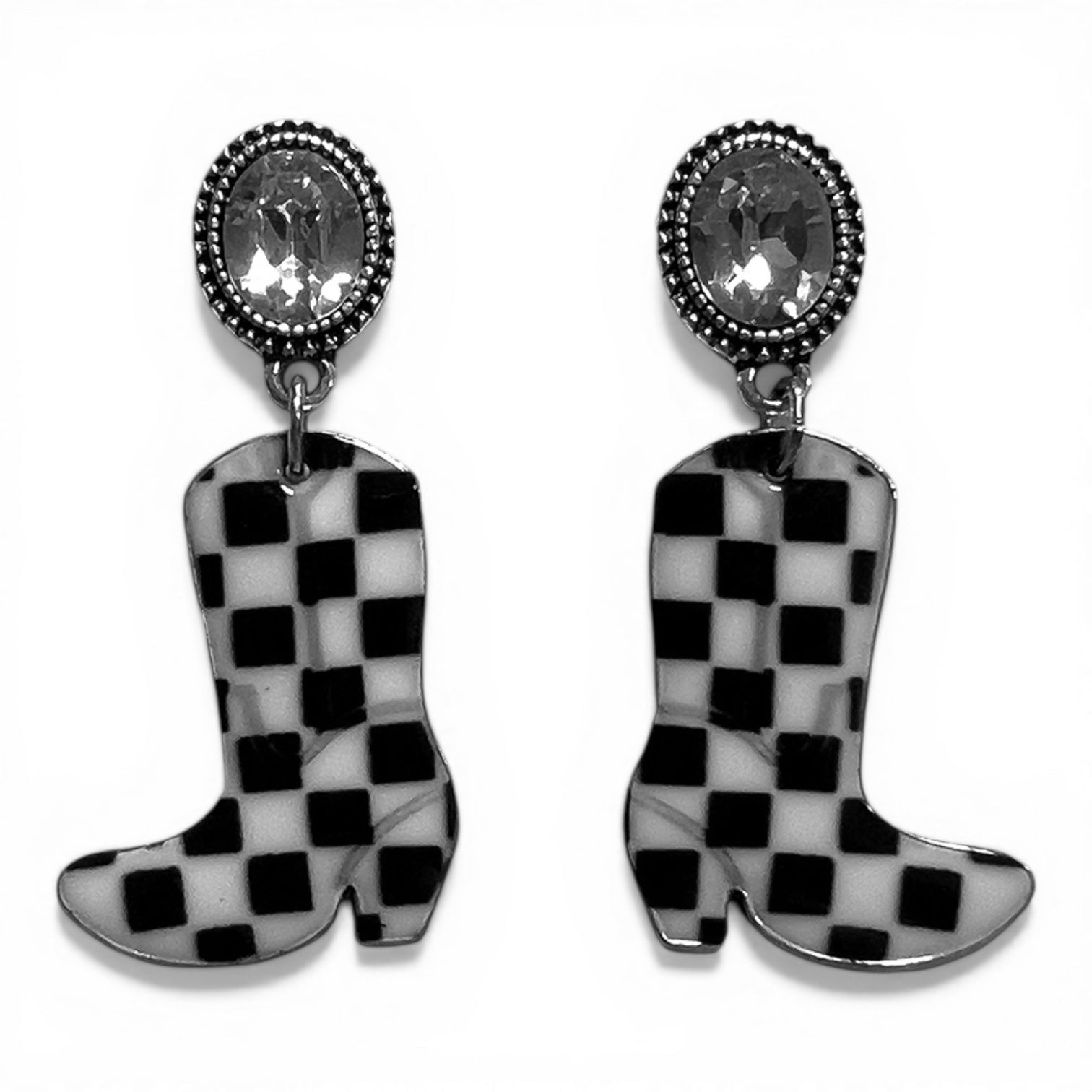 SILVER STRIKE LADIES EARRINGS CHECKER BOOTS BLACK AND WHITE