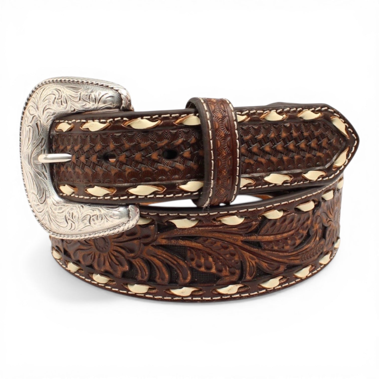 ARIAT BROWN FLORAL EMBOSSED MENS BELT
