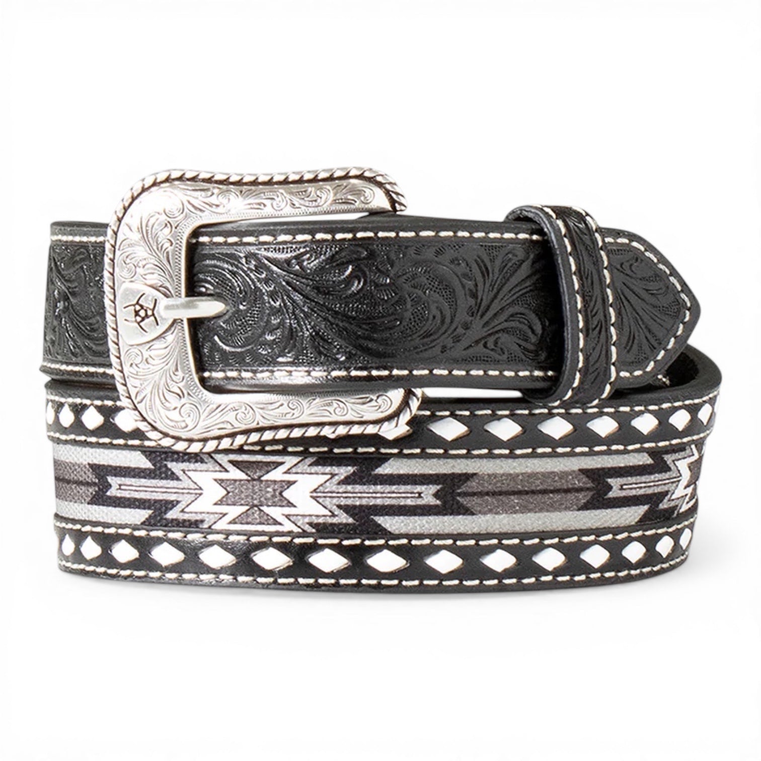 ARIAT BOYS BELT 1 1/4 SOUTHWESTERN INLAY BUCK LACE BLACK