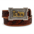 3D BOYS BELT 1 1/4 FLORAL TOOLED COWBOY PRAYERS TAN