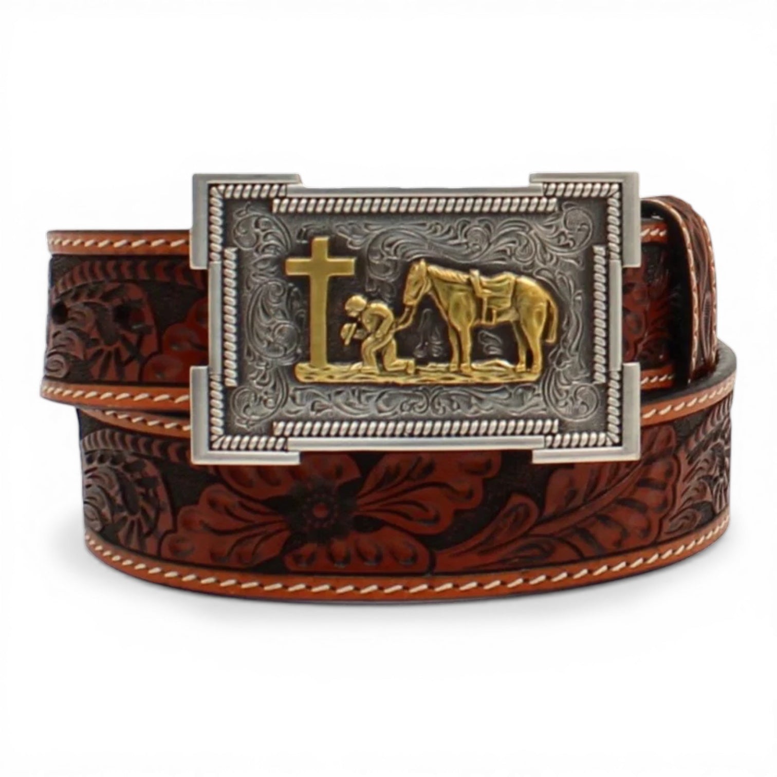 3D BOYS BELT 1 1/4 FLORAL TOOLED COWBOY PRAYERS TAN