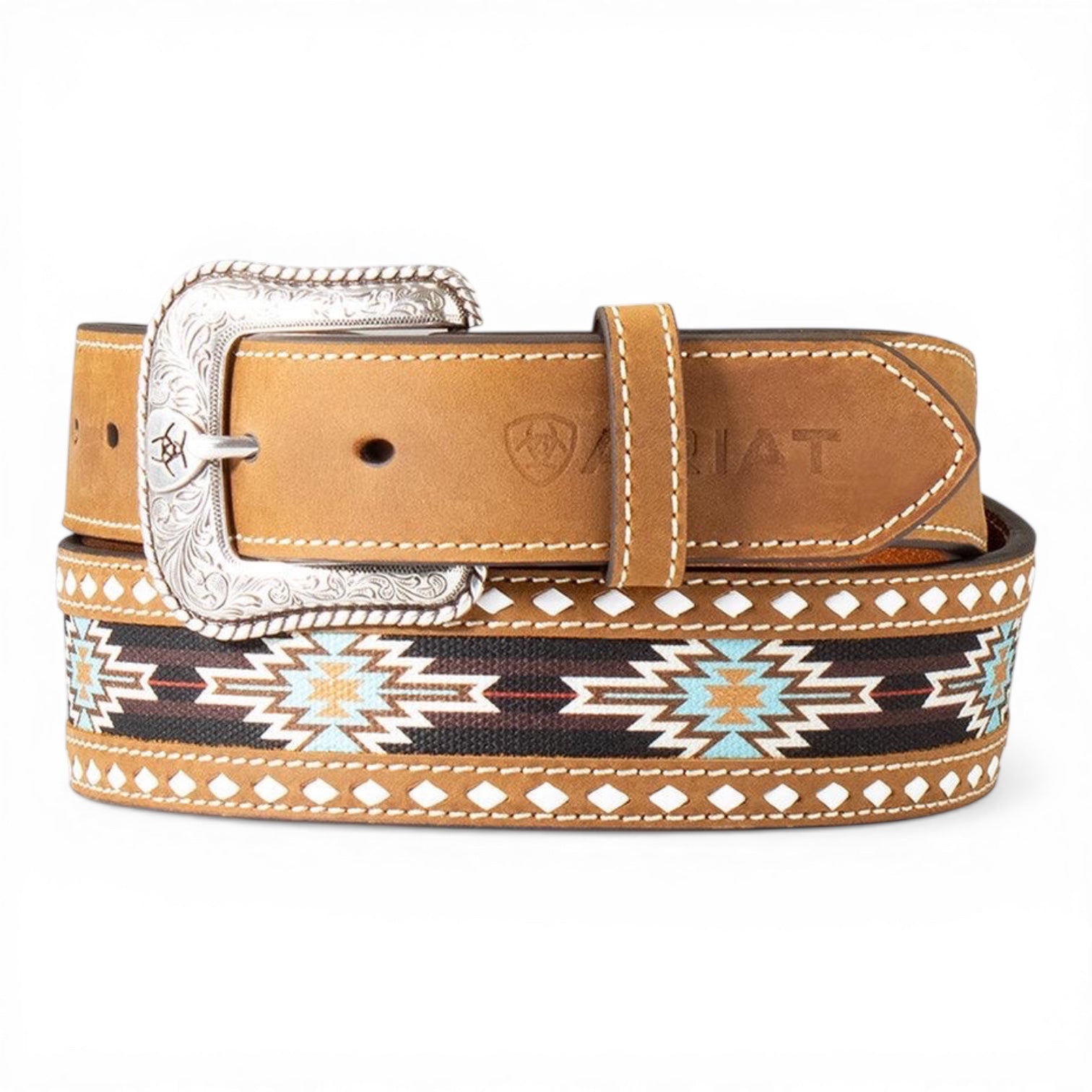 ARIAT MENS BELT 1 7/8"-1 1/2" SOUTHWESTERN FABRIC DIAMOND LACING BROWN