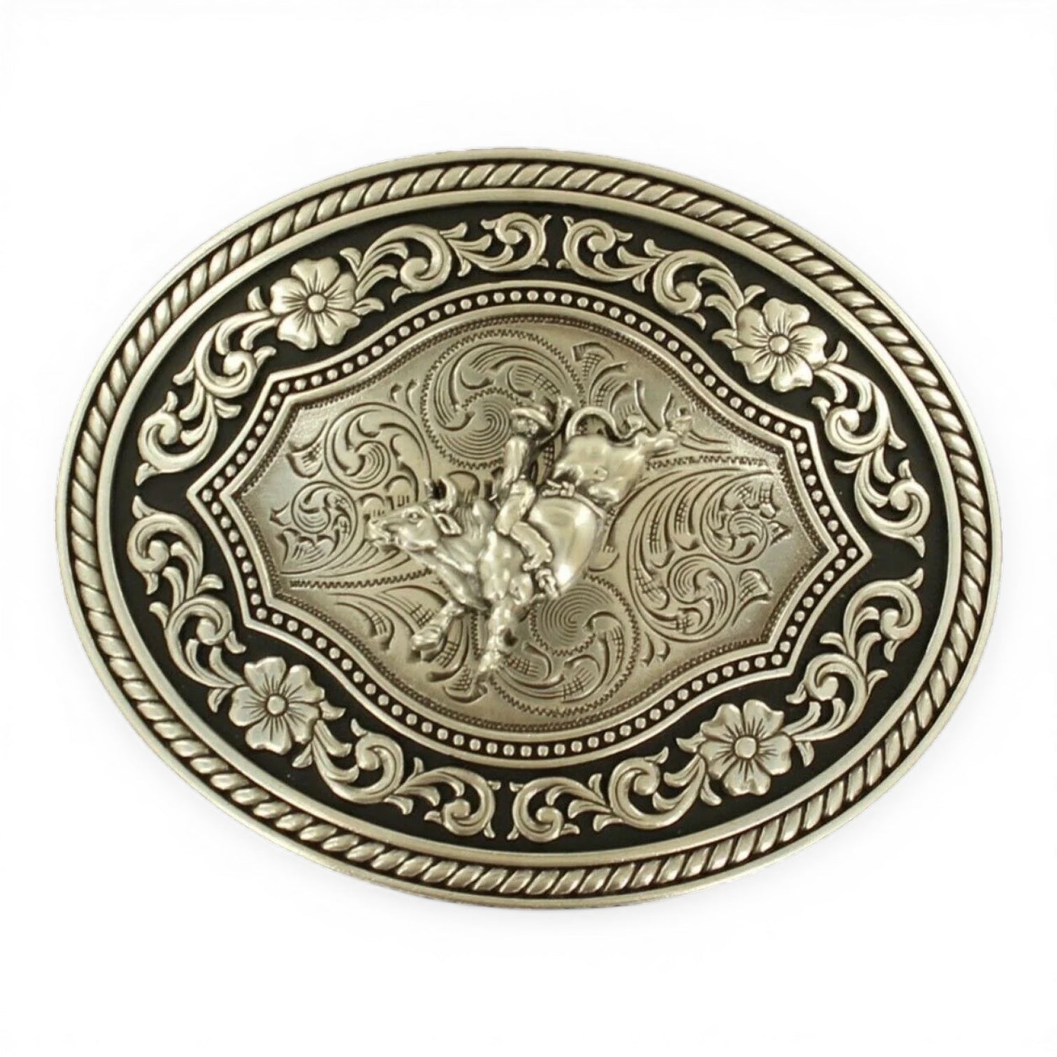 OVAL BUCKLE ROPE EDGE SCROLL BULL RIDER MOTIF