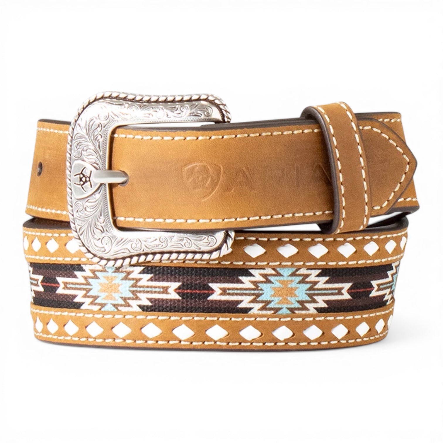 Boy's Ariat Brown Genuine Leather Belt with Southwest Fabric Inlay