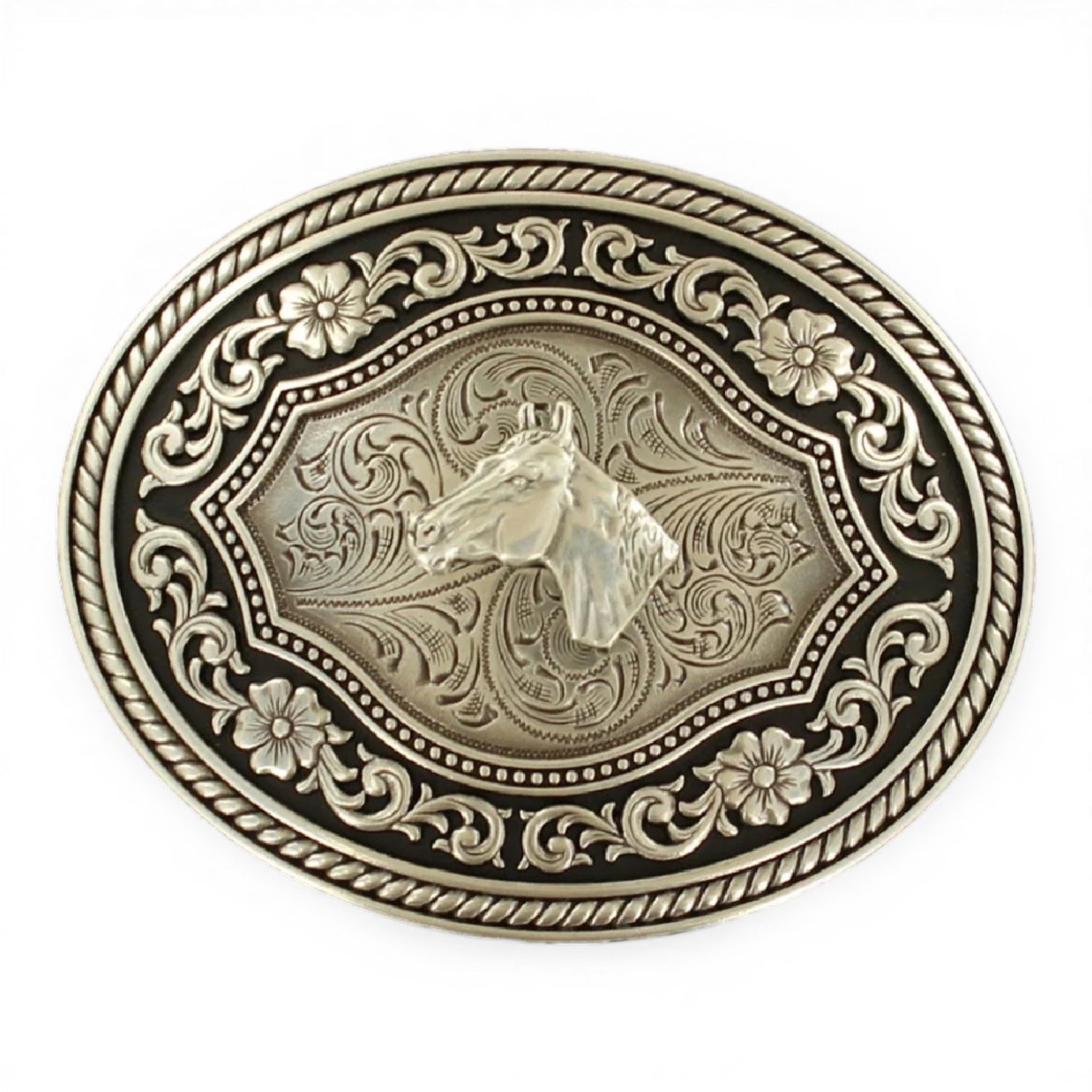 OVAL ROPE EDGE BUCKLE WITH SCROLL HORSEHEAD MOTIF