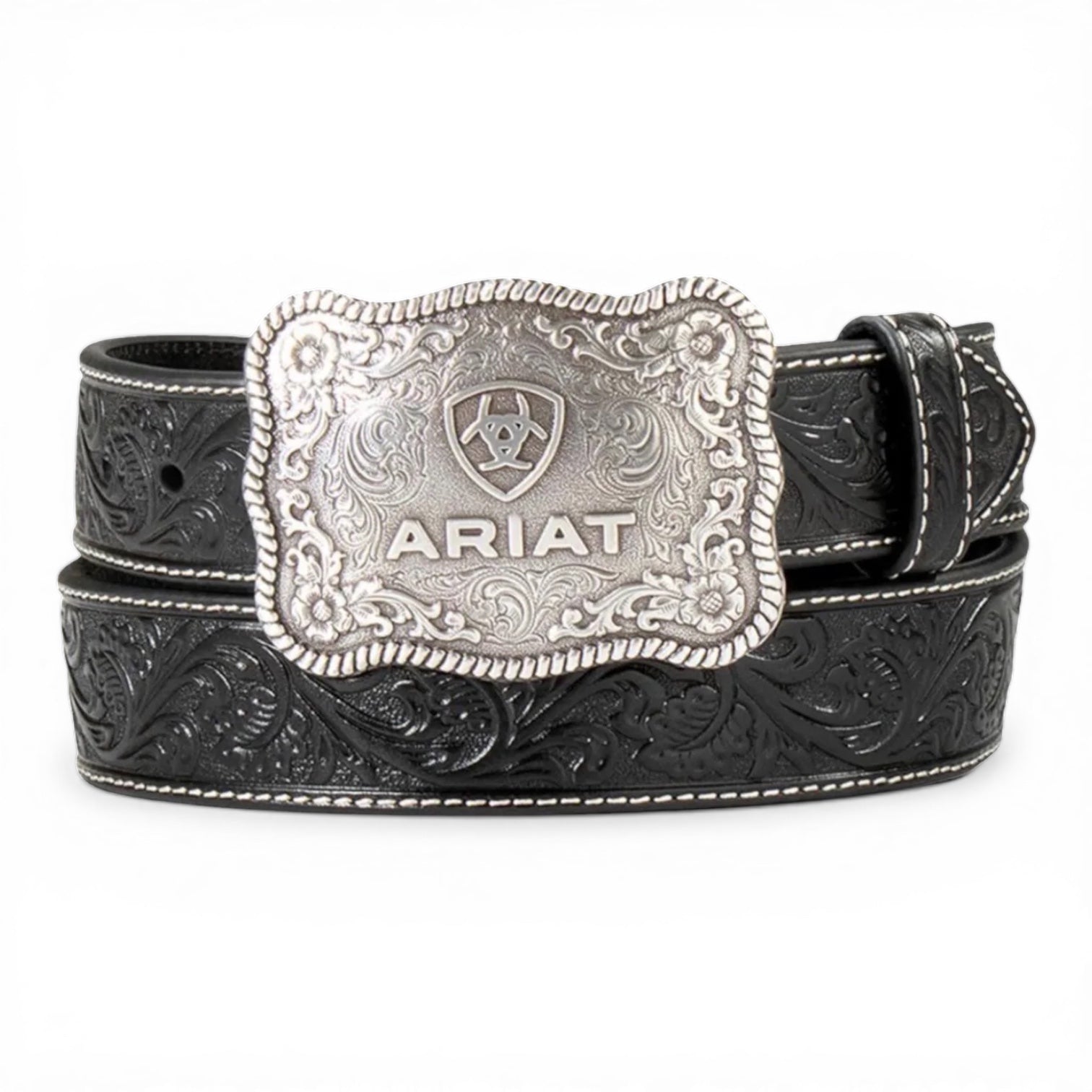 ARIAT MENS BELT 1 1/2" EMBOSSED PLATE BUCKLE BLACK