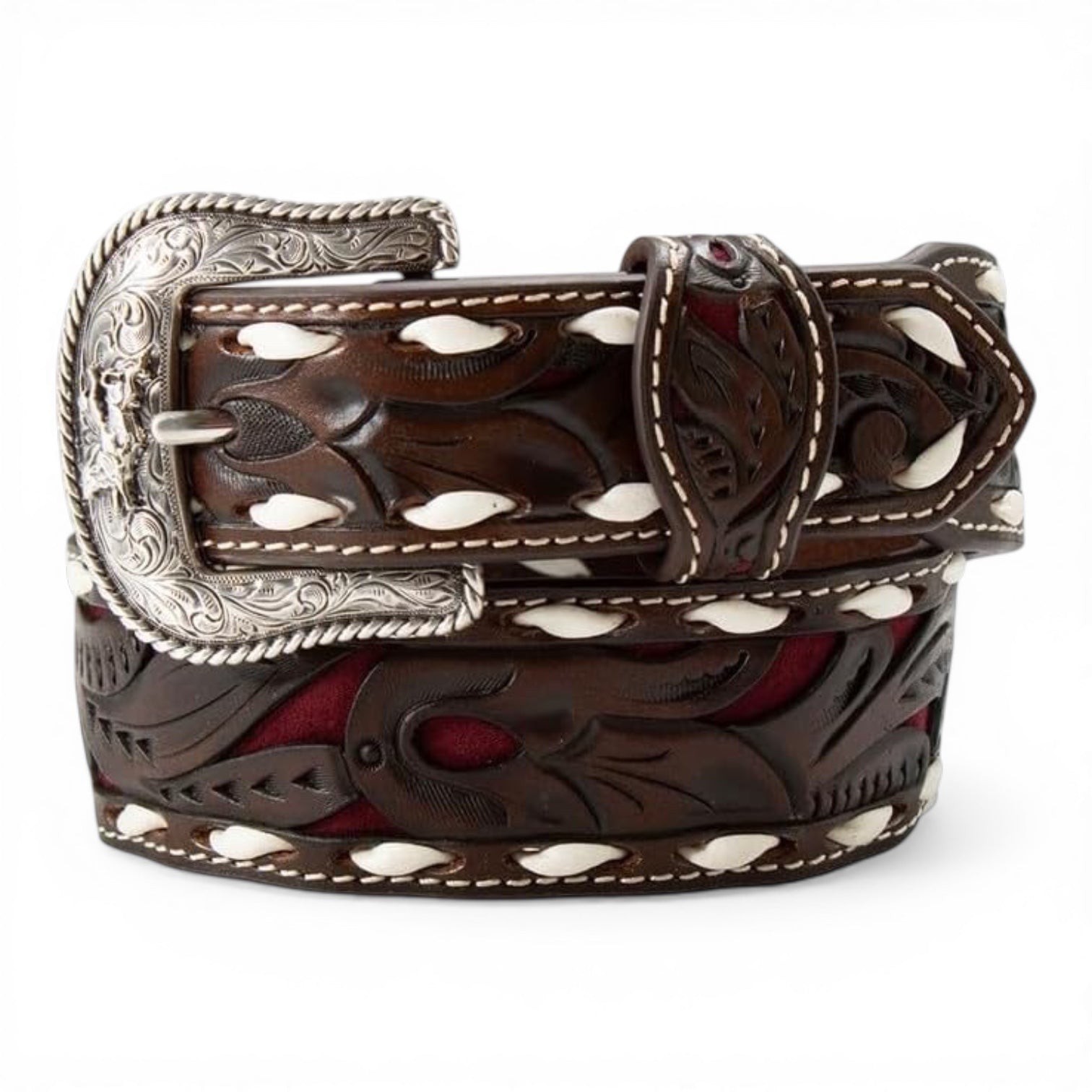 3D BOYS BELT 1 1/2" - 1 1/4" SCROLLING FILIGREE UNDERLAY BURGUNDY