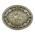 OVAL ROPE EDGE SCROLL BUCKLE WITH VNTAGE SADDLE BRONC MOTIF