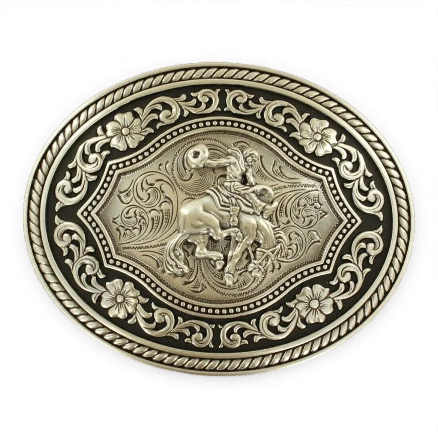 OVAL ROPE EDGE SCROLL BUCKLE WITH VNTAGE SADDLE BRONC MOTIF