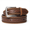 ARIAT MENS BELT 1 1/2 BUCK STITCHING FLORAL TOOLED TAN