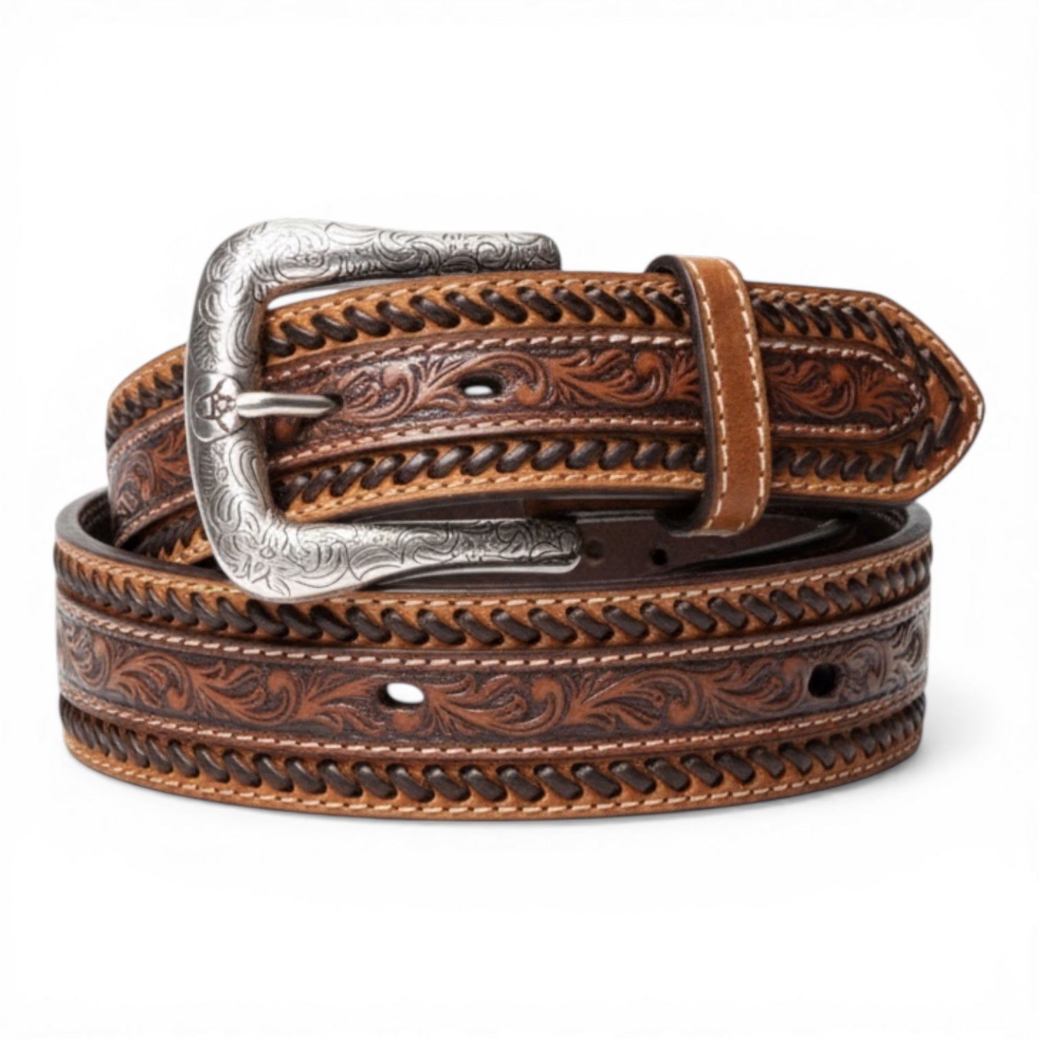 ARIAT MENS BELT 1 1/2 BUCK STITCHING FLORAL TOOLED TAN
