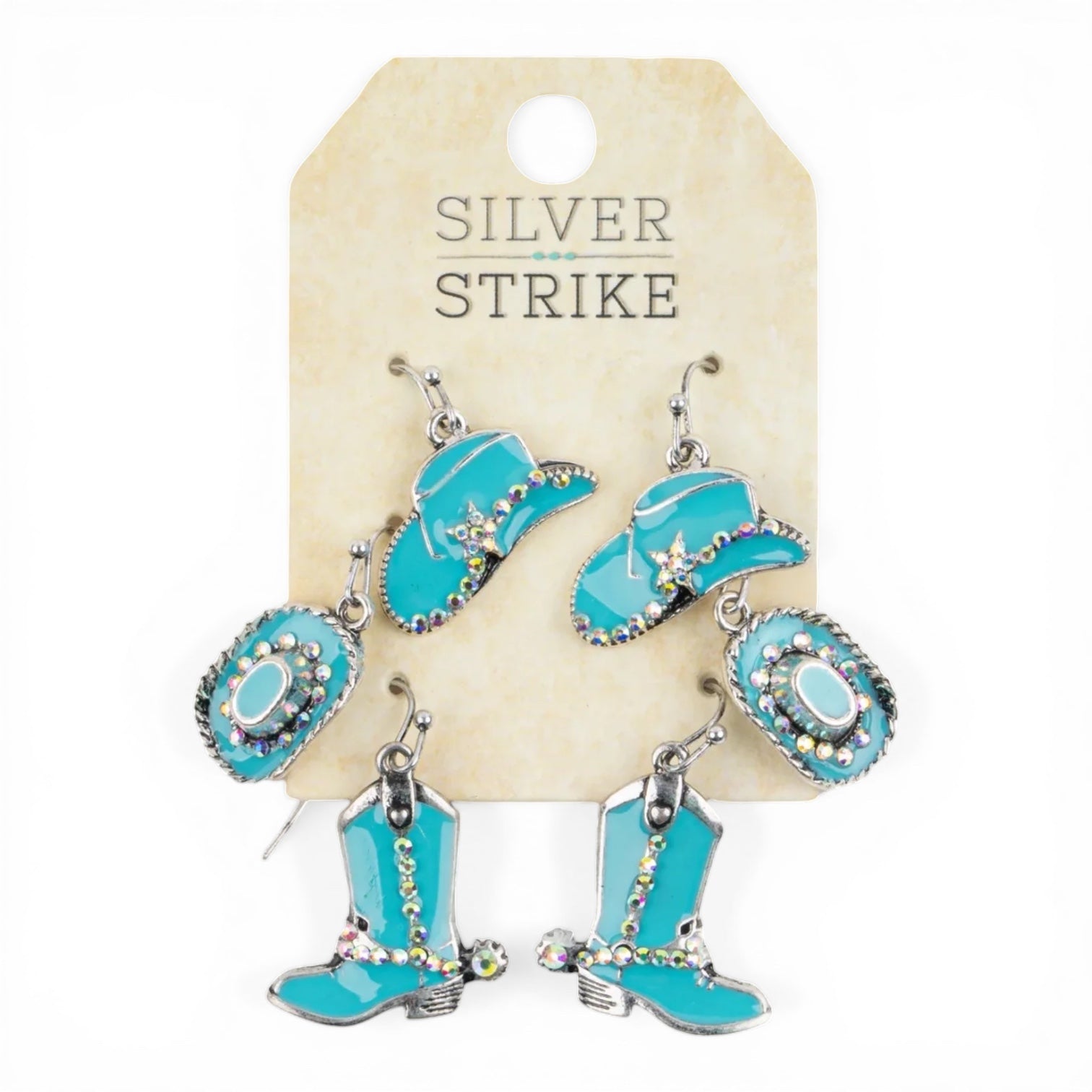 SILVER STRIKE LADIES EARRINGS COWBOY HATS BOOTS TURQUOISE
