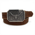 3D MENS BELT 1 1/2 FLORAL EMBOSSED LONGHORN BUCKLE BROWN