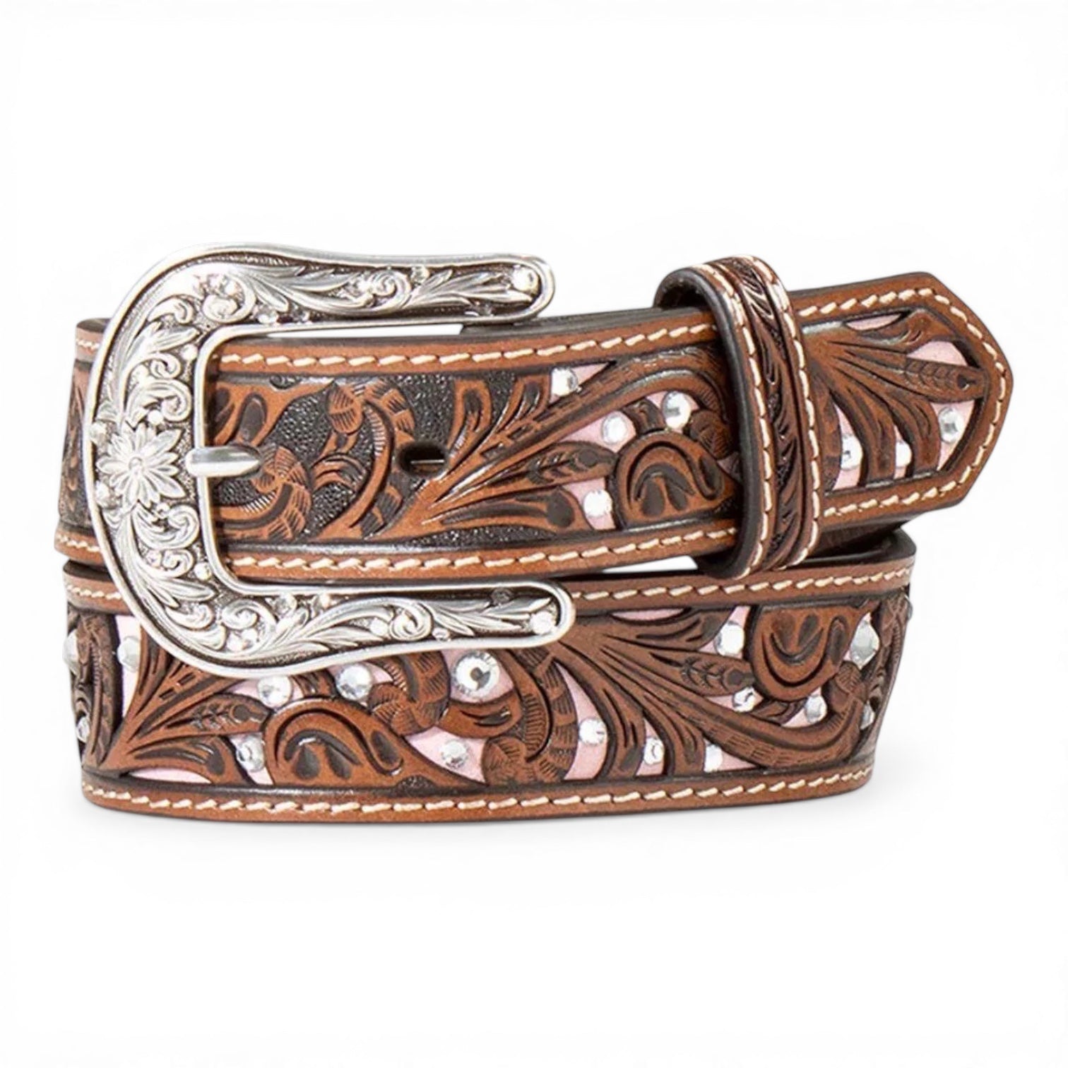 ARIAT GIRLS BELT 1 1/4" SCROLL FILIGREE CRYSTALS PINK