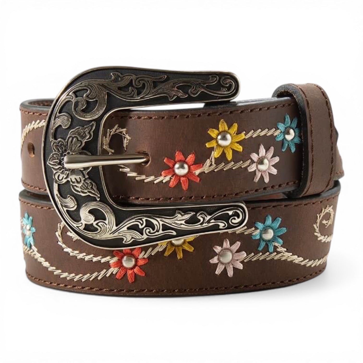 ARIAT GIRLS BELT 1 1/4" EMBROIDERED FLOWERS BROWN