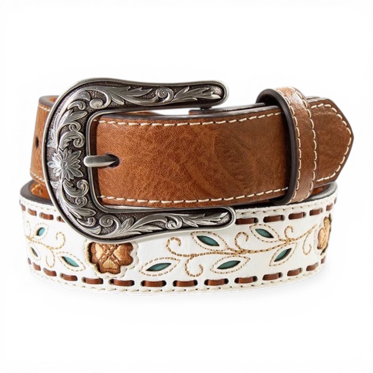ARIAT GIRLS BELT 1 1/4" FILIGREE FLOWER LEAVES WHITE