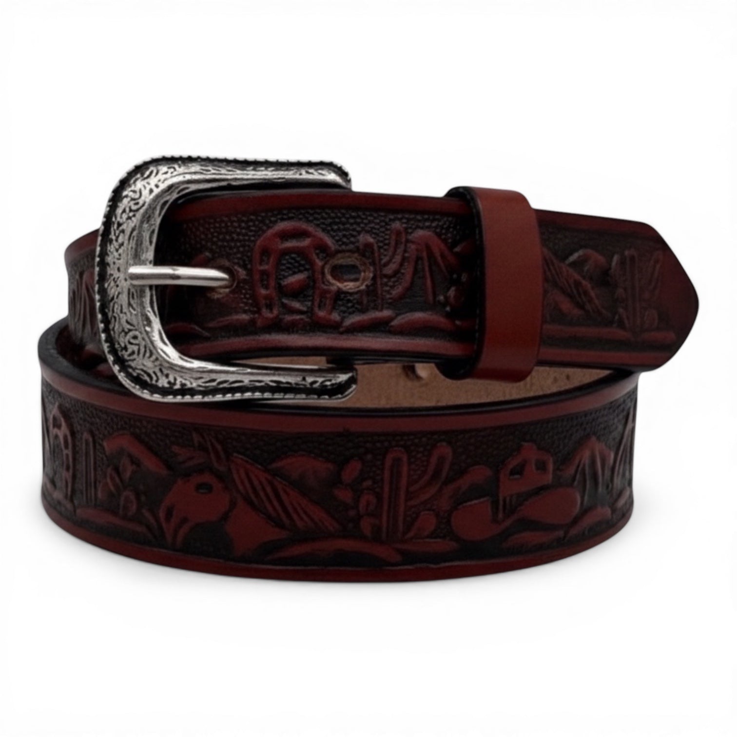 Kids' Western Scene Embossed Leather Belt with Silver Buckle