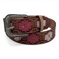 Women's Pink & White Floral Embossed Leather Belt with Silver Buckle