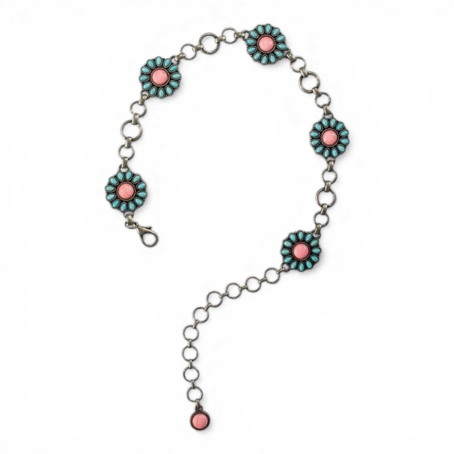 NOCONA GIRLS CHAIN BELT FLORAL CONCHOS TURQUOISE PINK