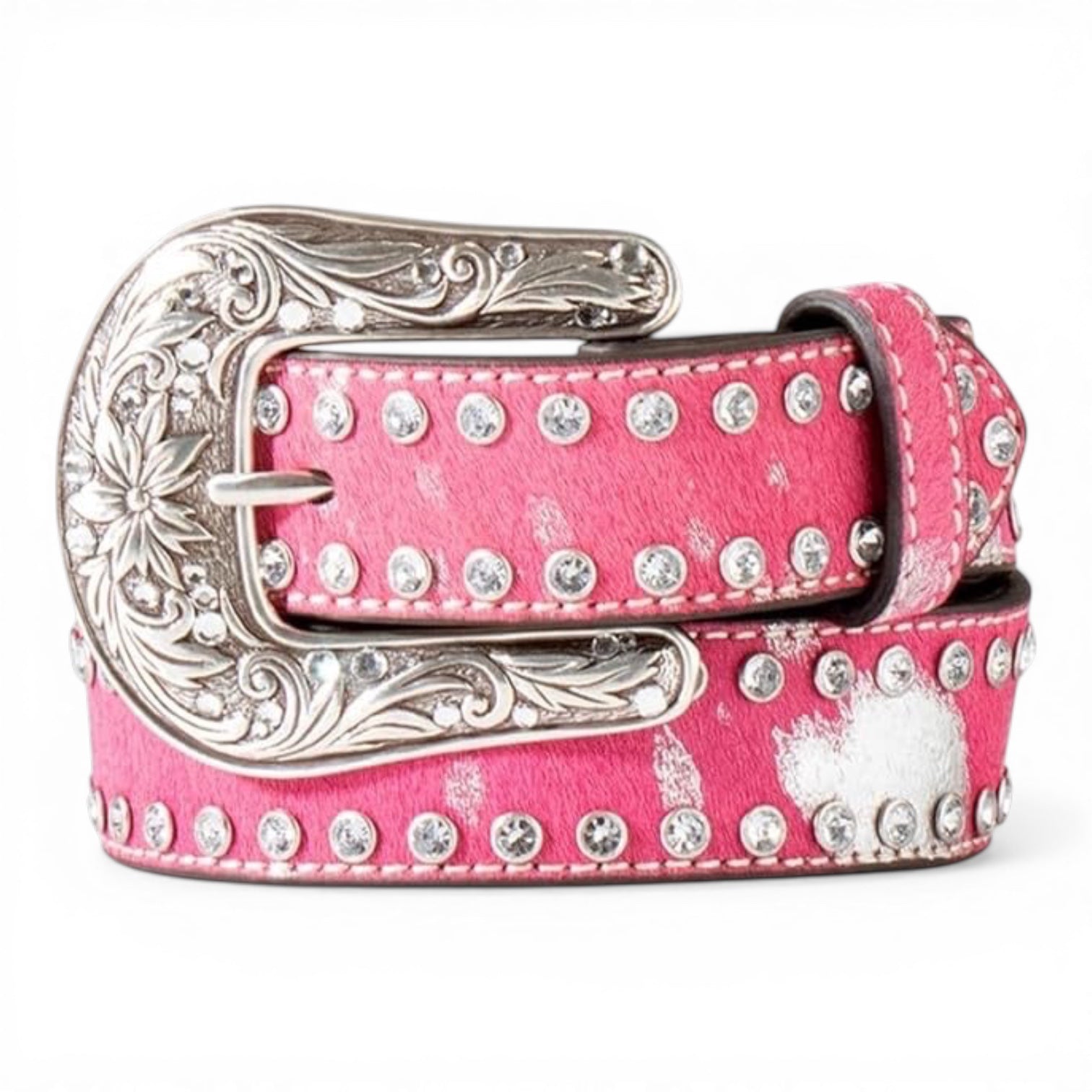 ARIAT GIRLS BELT 1 1/2" ACID WASH CALF HAIR HOT PINK