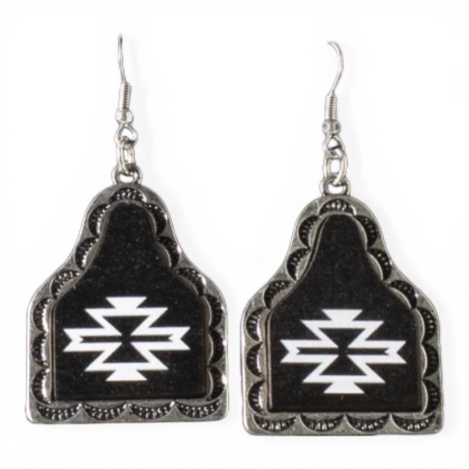 SILVER STRIKE LADIES EARRING SET COW TAG DANGLE BLACK