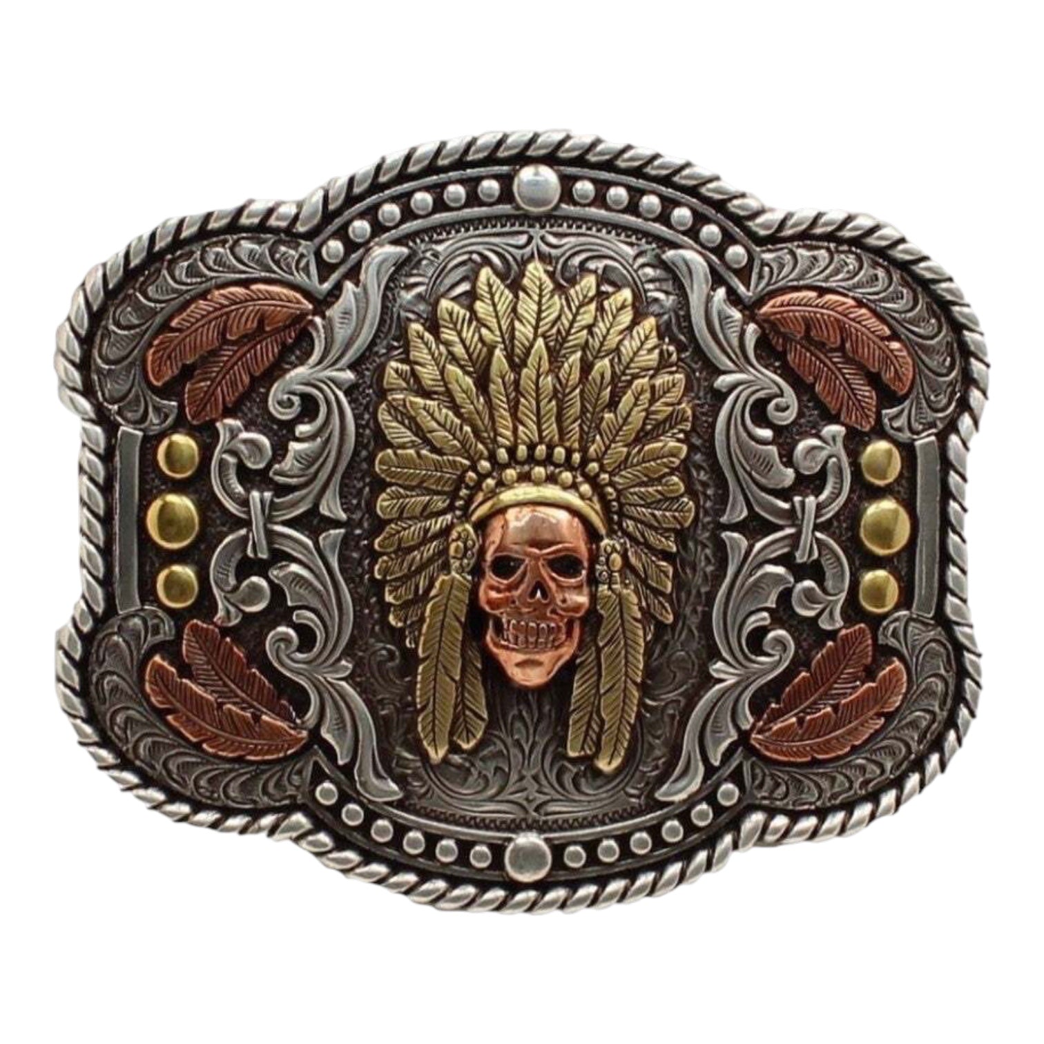 NOCONA MENS RECTANGLE ROPE EDGE FEATHER SKULL CHIEF