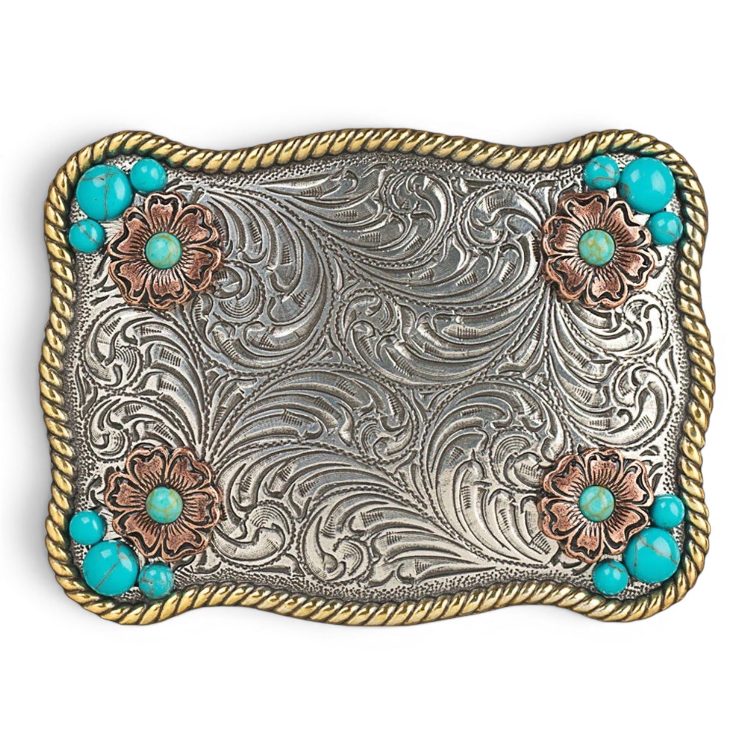 NOCONA LADIES RECTANGLE BUCKLE FLOWER ACCENT TURQUOISE STONES